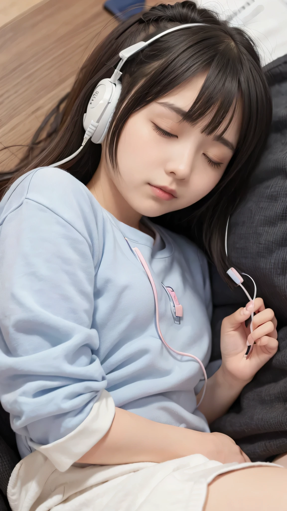 Very cute girl、Earphones in ears、Eyes closed、Sleeping