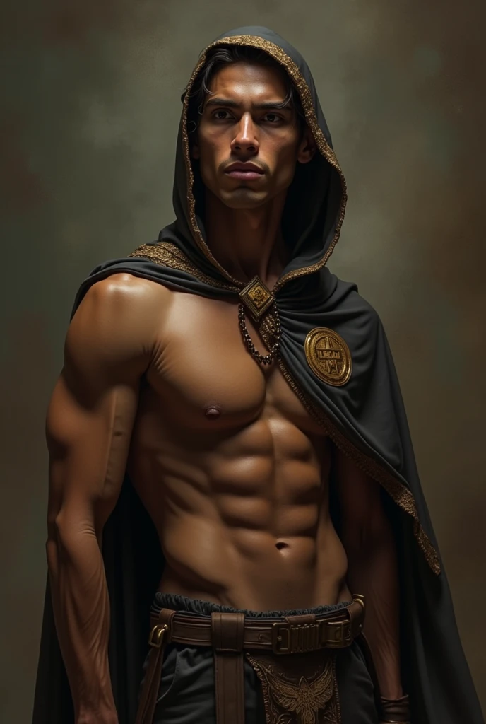 Handsome Brazilian man. Hero outfit. Brown Color outfit. Logo in outfit: souls .with hood and cape. No top. Lean. He has self trust issues. He's more in skinny side
