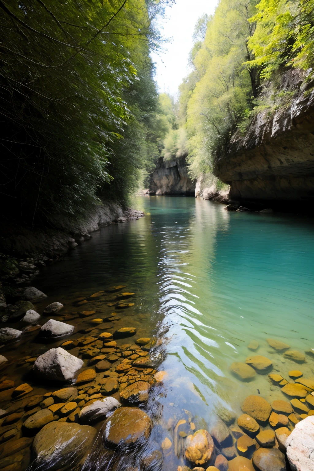 Une image d'une rivière coulant dans une vallée aux roches rouges, comme celles d'Australie. Une image réaliste et plus précise de la vallée, comme un tableau de l'artiste Léonard de Vinci, résolution 4K, femmes bédouines au milieu. vallée, les jambes presque nues, remplissant des bocaux. Il y a des ânes avec des bocaux dessus. La scène est proche du fond de la rivière.