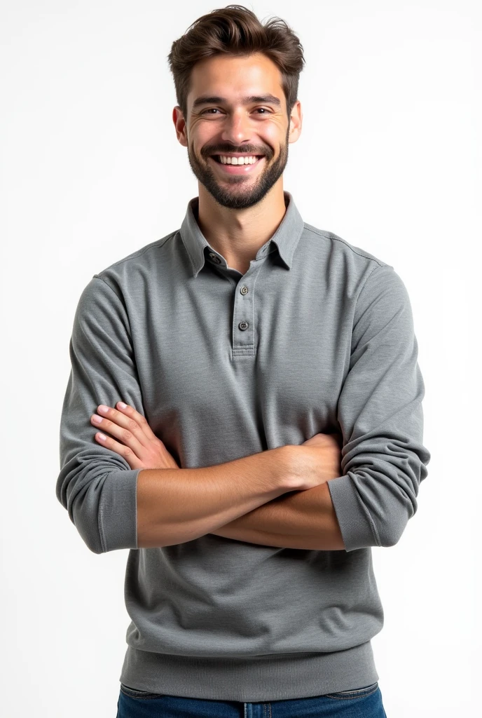 young man with business polo shirt, grey polo shirt with shirt collar, long sleeves, hands crossed smiling, celeste jean pants, White background