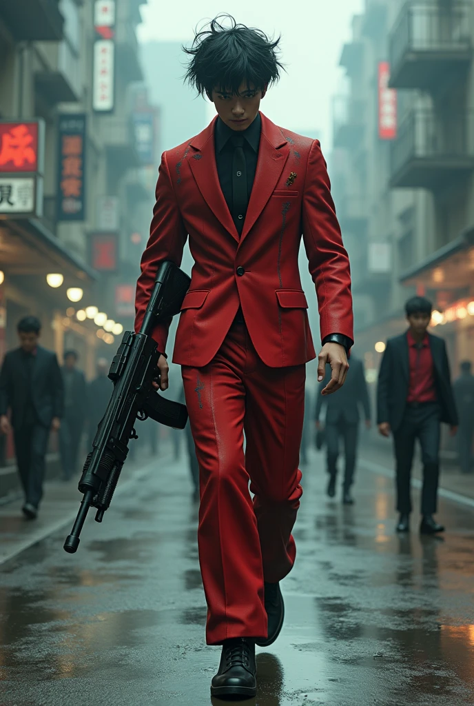 Rain, fragments splash Snowflakes, particles blender Cinematic Composition A realistic photoshoot of an asian male model cosplaying evangelion suit classic red , hair style conceptual Tim burton messy wind akira toriyama as from RAW photography tmasterpiece Anthropomorphic humanoid akira kaneda's jacket red, holding large gun rage facing red red gold Torn costume wearing Street attire, Walk wildly through the crowd, intricately details, Intricate work by Gribors, Behind the city, fit-muscled body, Large muscles, Muscular arms, Small head, Scary ogres, Titan soft lighting, Ultra photo realsisim, gentle illumination, sinister environment filmed by Zack Synder variant angles dynamic