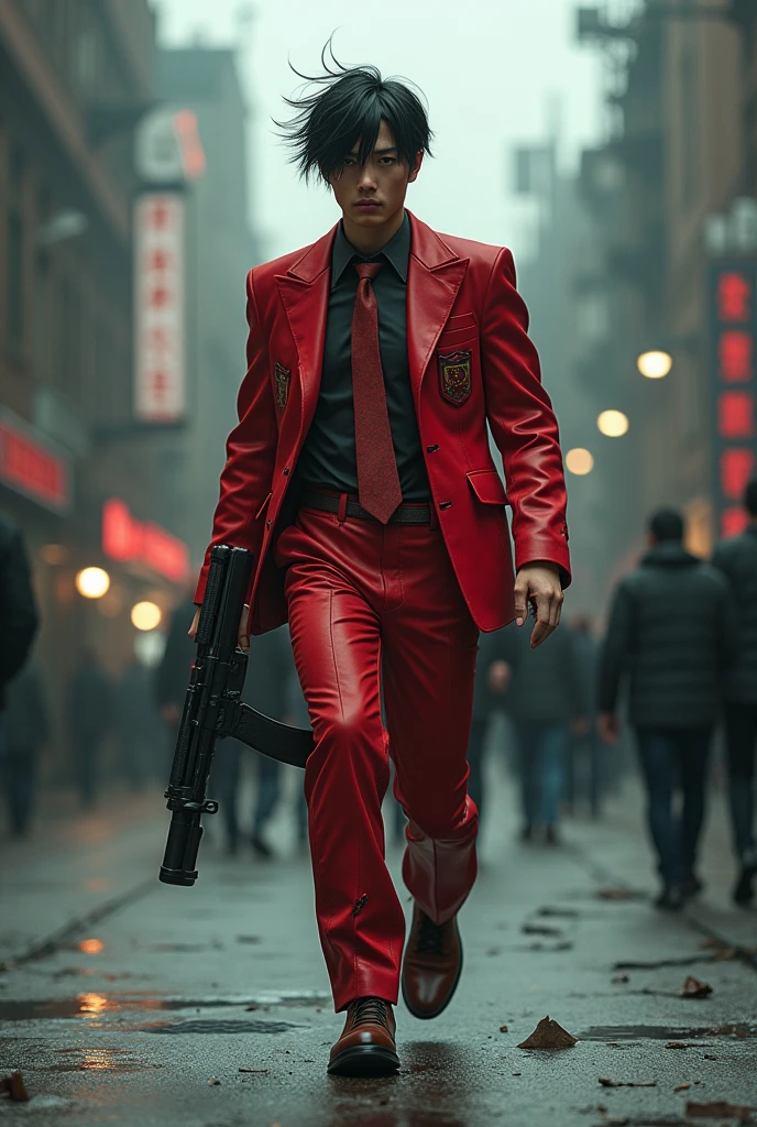 Rain, fragments splash Snowflakes, particles blender Cinematic Composition A realistic photoshoot of an asian male model cosplaying evangelion suit classic red , hair style conceptual Tim burton messy wind akira toriyama as from RAW photography tmasterpiece Anthropomorphic humanoid akira kaneda's jacket red, holding large gun rage facing red red gold Torn costume wearing Street attire, Walk wildly through the crowd, intricately details, Intricate work by Gribors, Behind the city, fit-muscled body, Large muscles, Muscular arms, Small head, Scary ogres, Titan soft lighting, Ultra photo realsisim, gentle illumination, sinister environment filmed by Zack Synder variant angles dynamic