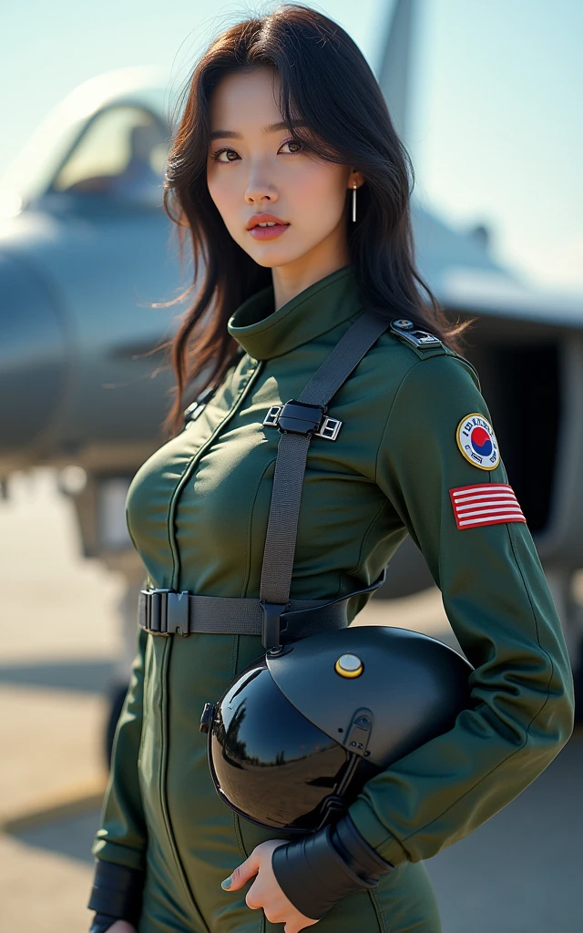 Ultra-high resolution,High-resolution details,Photo real, , (1 Korean female pilot,Super beautiful,Super white skin,Super white face), (Wearing a flight suit,Hand holding pilot helmet), Large breasts, (full-body shot,panorama distant view,Wide-angle lens)Military fighter,Female fighter pilot