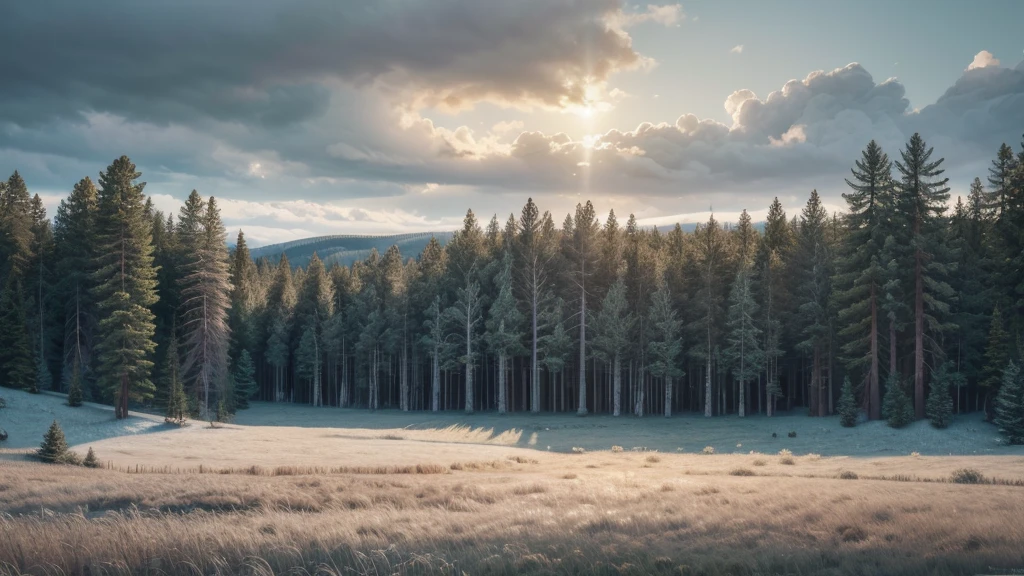 morning frosty landscape, gray low clouds cover a white surface, green grass, coniferous forests, lumen, professional photo, beautiful, 3d, realistic, 64k, high resolution, high detail, cgi, hyperrealism, f/16.1/300s. highly detailed digital painting, bright and juicy photorealistic painting, landscape,