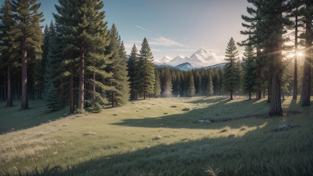 morning frosty landscape, gray low clouds cover a white surface, green grass, coniferous forests, lumen, professional photo, beautiful, 3d, realistic, 64k, high resolution, high detail, cgi, hyperrealism, f/16.1/300s. highly detailed digital painting, bright and juicy photorealistic painting, landscape,