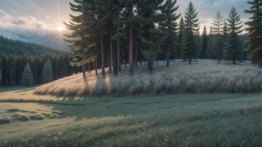 morning frosty landscape, gray low clouds cover a white surface, green grass, coniferous forests, lumen, professional photo, beautiful, 3d, realistic, 64k, high resolution, high detail, cgi, hyperrealism, f/16.1/300s. highly detailed digital painting, bright and juicy photorealistic painting, landscape,
