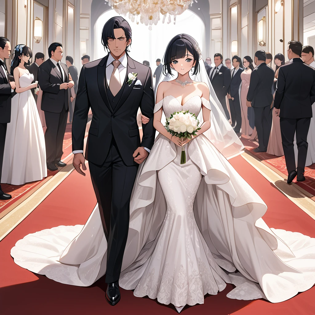 ((Highest quality)), ((masterpiece)), (detailed), （Perfect Face）、The woman is Reika Aoki, the wife of a mafia boss, with medium-long black hair and an engagement ring.、At a luxurious wedding hall, a woman is wearing a gorgeous wedding dress and happily walking down the red carpet aisle with a mafia boss man, having a luxurious mafia wedding.