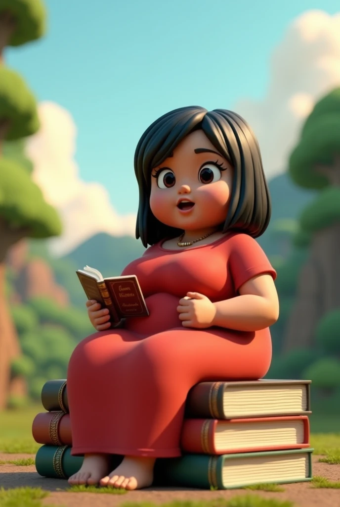 Comando: Create a 3D illustration of an animated Brazilian character sitting casually on top of "textbooks". The character must wear a long red dress, shoulder length hair black and straight, brunette skin, slanted eyes, very fat and round, " the ears without earrings* and without necklaces and holding a Bible. The background of the image is a beautiful landscape with the username "Amelia".