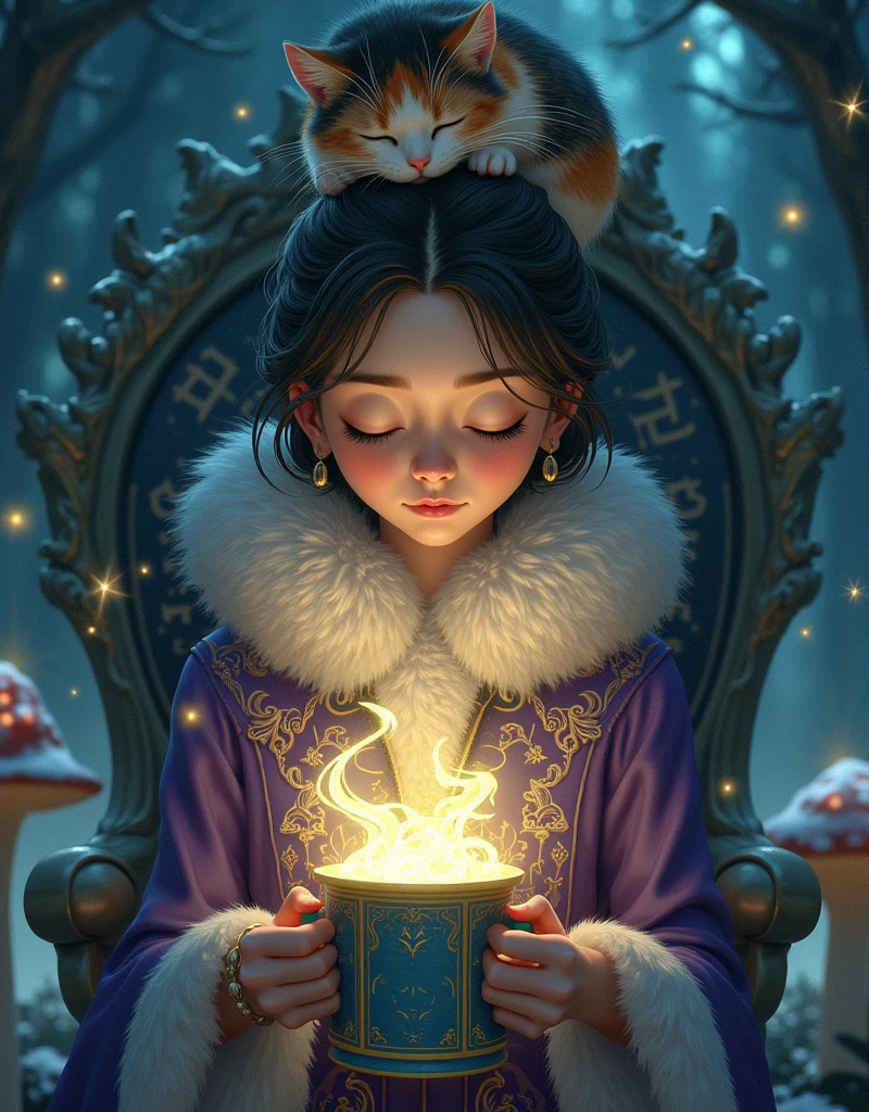 Ghibli Studio style, vibrant colors, close-up of a beautiful enchantress's hands holding a mug overflowing with swirling, luminescent mist. She wears a richly embroidered mage coat with fur accents, seated in a throne carved from a living tree that glows with runes. A calico cat sleeps peacefully on her head, glowing mushrooms around, snowflakes drifting into her grove dwelling, a sense of powerful yet gentle magic.