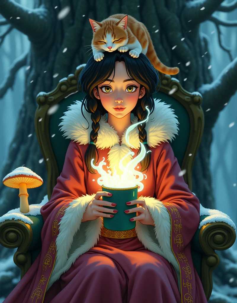 Ghibli Studio style, vibrant colors, close-up of a beautiful enchantress's hands holding a mug overflowing with swirling, luminescent mist. She wears a richly embroidered mage coat with fur accents, seated in a throne carved from a living tree that glows with runes. A calico cat sleeps peacefully on her head, glowing mushrooms around, snowflakes drifting into her grove dwelling, a sense of powerful yet gentle magic.