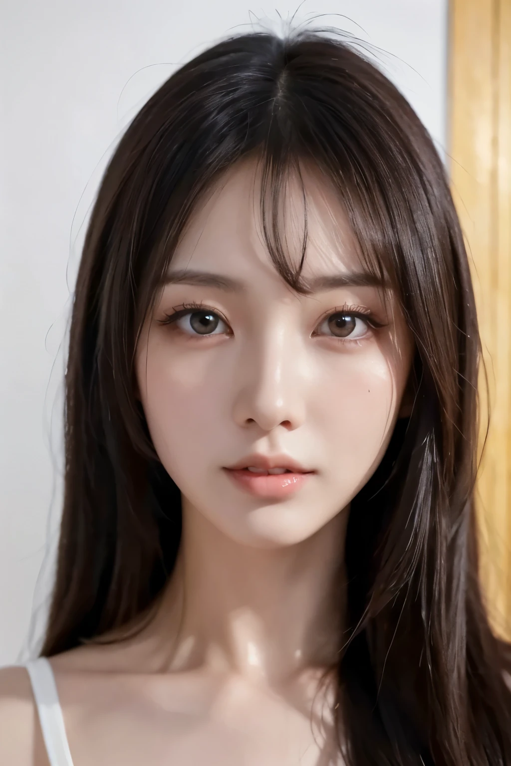 (best quality,4K,8k,mackerel,masterpiece:1.2),very detailed,realistic, breathtaking masterpiece of a Chinese girl with long straight hair, Beautiful bangs and very delicate hair, loving heart shaped eyes, first person view