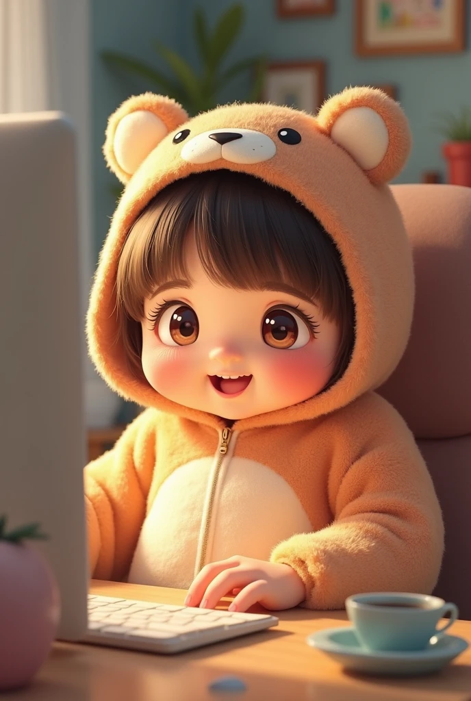 (girl),(()) ,3d images ,Highest quality 8K ,Chubby body shape,((Very fat)),Pink cheeks,podgy,Good mood,((Use a computer)),((work)),((Open your eyes.)),Put on a stuffed animal costume,Balanced lighting,blurred background,Middle of the picture