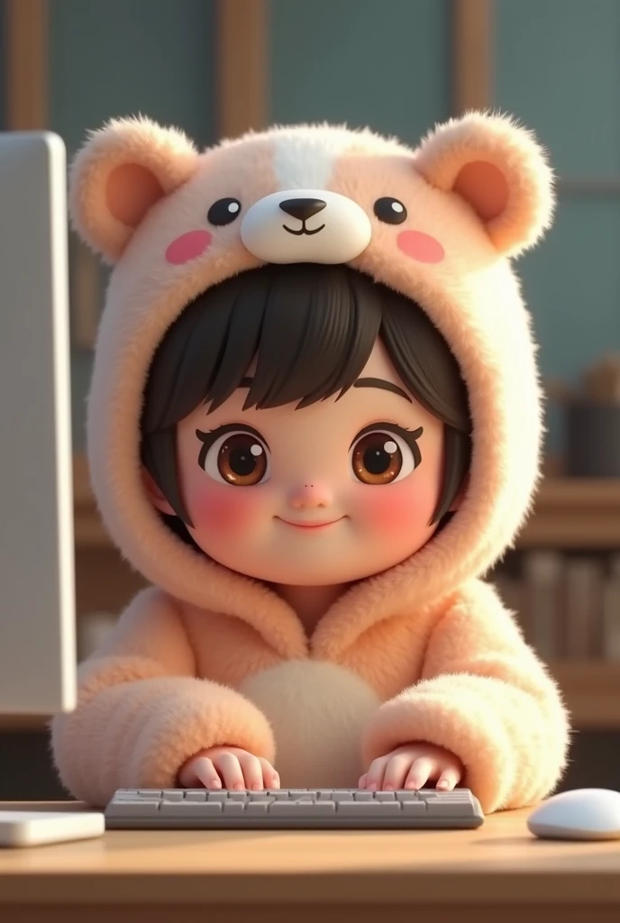 (girl),(()) ,3d images ,Highest quality 8K ,Chubby body shape,((Very fat)),Pink cheeks,podgy,Good mood,((Use a computer)),((work)),((Open your eyes.)),Put on a stuffed animal costume,Balanced lighting,blurred background,Middle of the picture