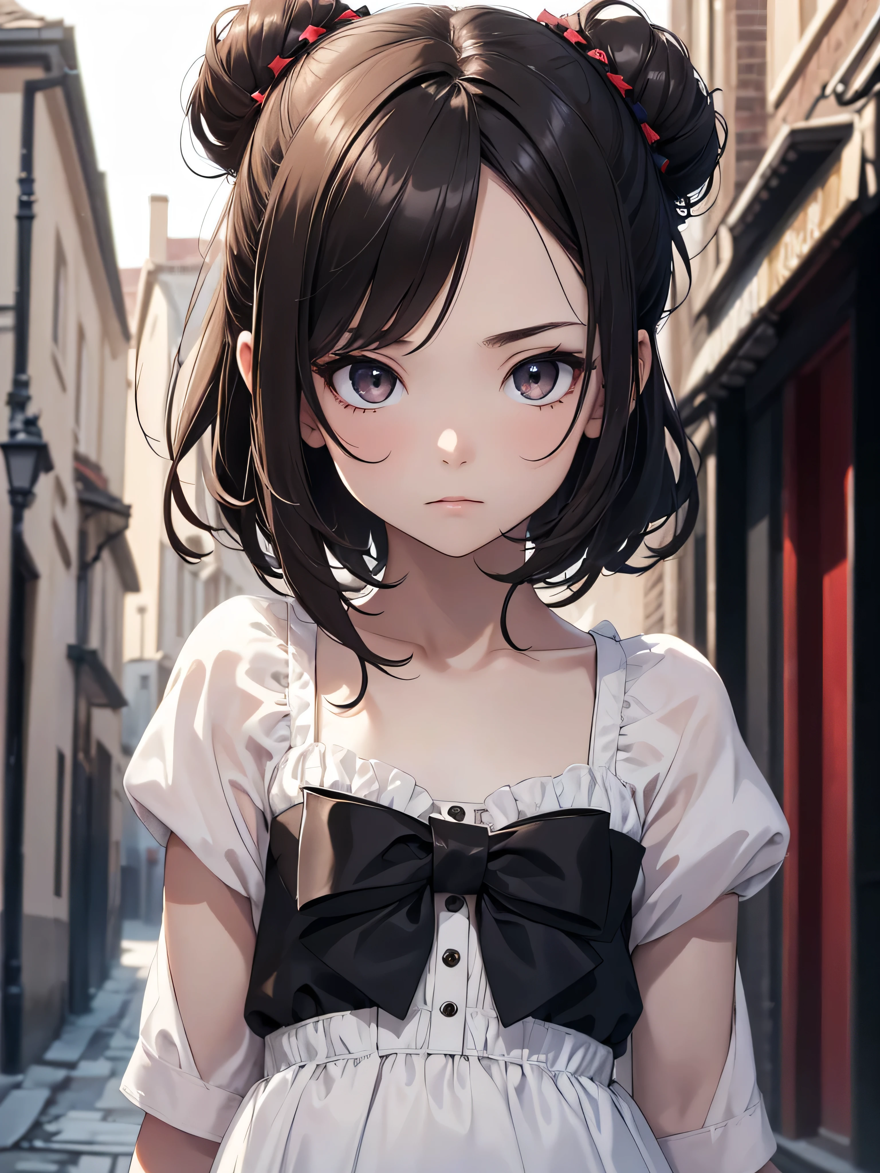 (8K, Best Quality, Masterpiece, Ultra High Resolution) Single Person, 1 Girl, , Young, Small Child, Cute Eyes, Face Details, Pale Skin, Slender, Short, Flat Chest, Dark Black Hair, Hair Buns, Brown Eyes, Hair Bow, Dark Alleyway, Best Quality, Upper Body, Looking at the Viewer, Facing Viewer, Close Up