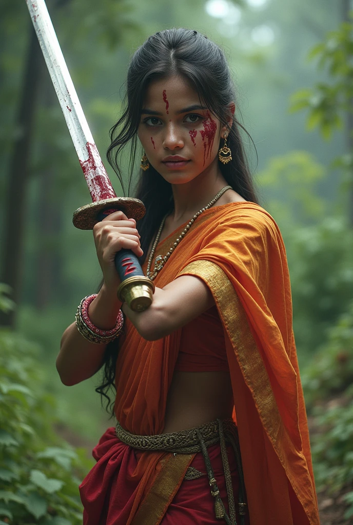 Kerala girl in traditional dress, in hand a katana with blood and her face with blood