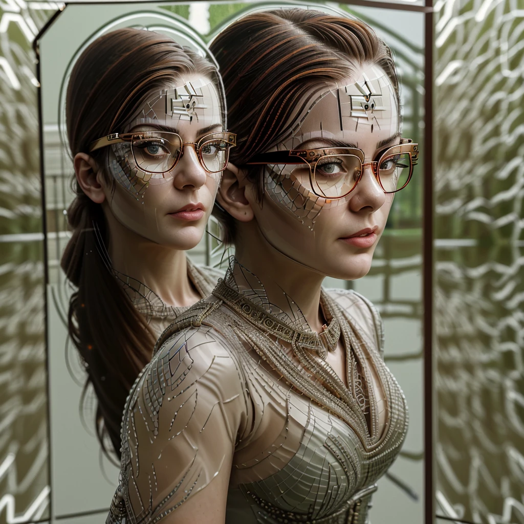 a facial portrait of a spy using glasses to take pictures working on a secret computer labratory, an elegant, exquisite beautiful female spy, dynamic hair color, dynamic hair style, (wearing elegant intricate details glasses: 1.3), dynamic color glasses, dynamic style glasses, ((digital information reflected in the glasses:1.6)), she wears an elegant, intricate detailed dress, silk dress , small cleavage, Vibrant, Ultra-high resolution, High Contrast, masterpiece:1.2, highest quality, Best aesthetics), best details, best quality, highres, ultra wide angle, 16k, [ultra detailed], masterpiece, best quality, (extremely detailed), Genetically modified..., Cinematic Hollywood Film, lens flare style