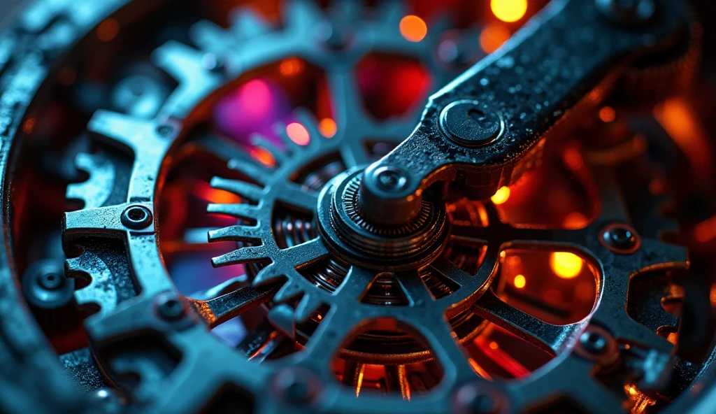 So many beautiful gears and beautiful pinions., close-ups of gears, dynamic camera work, Inside a machine, Beautiful metallic light reflections., Colorful LED growing from the inside, Focus on the pinions and gear system, Black machine oil reflecting lights