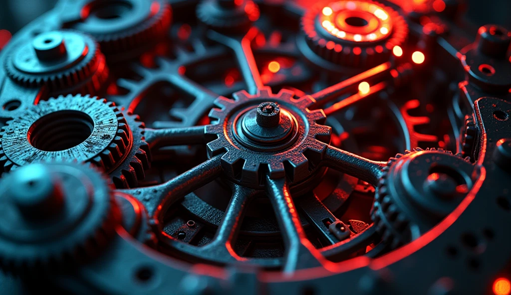 So many beautiful gears and beautiful pinions., close-ups of gears, dynamic camera work, Inside a machine, Beautiful metallic light reflections., Colorful LED growing from the inside, Focus on the pinions and gear system, Black machine oil reflecting lights