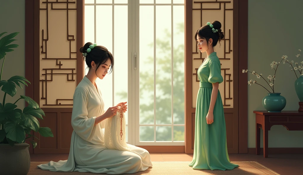 A young woman in simple white dress and jade hairpin sitting facing half opened traditional chinese window in the room knitting and maid in green color dress standing talking to her.