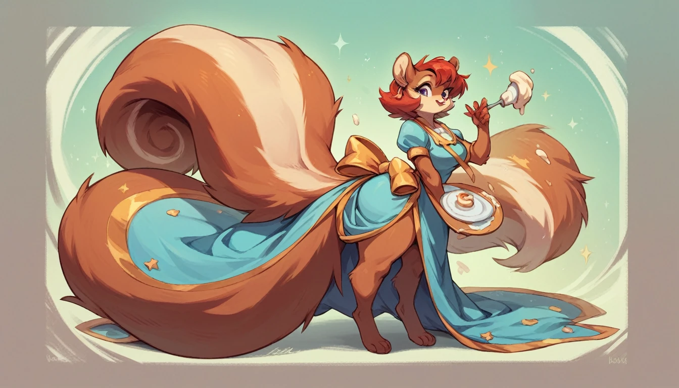 Hyper fluffy blue furred female adult squirrel wearing a cream colored dress, gold stripe on tail