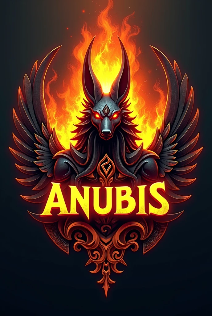 create a gamer logo with the character egyptian god anubis, The logo must have a coat of arms with the character in front of the front bust, and the name written ANUBIS, Anubis has to be on fire epic dragon gamer style