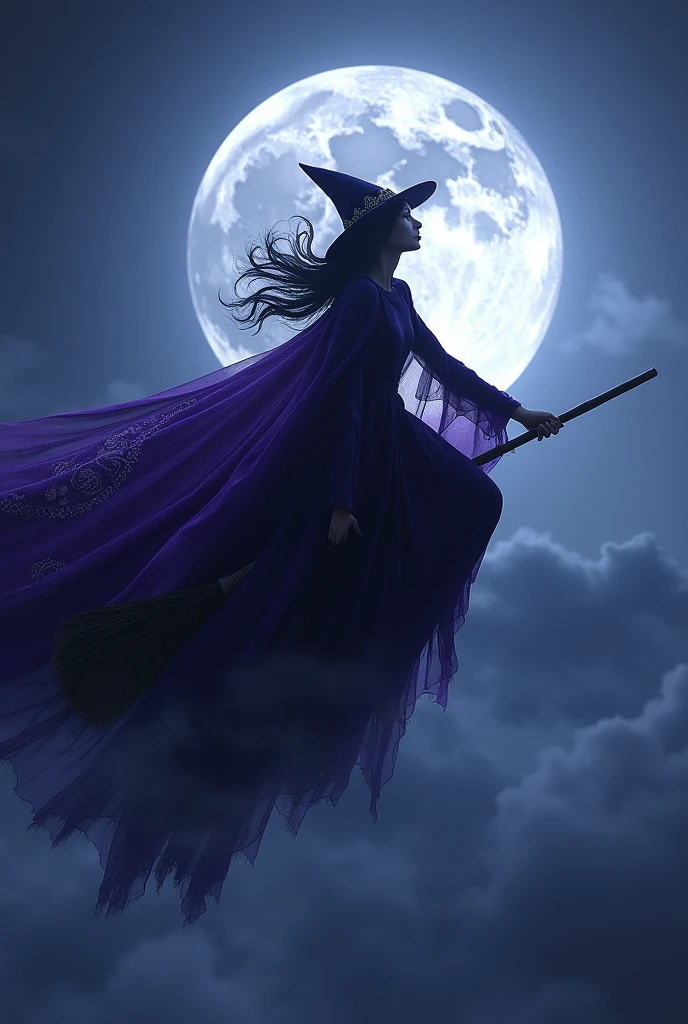 Witch flying on broom with flowing cape Purple in front of the moon