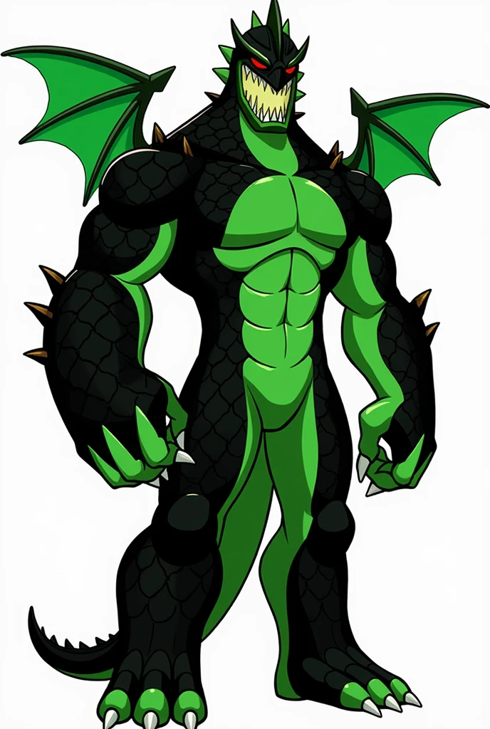 The Sovereign, from the series "Ben 10: Omniverse", is an imposing character with remarkable physical characteristics. He is an alien of great stature, with a robust and muscular body structure. Its body is covered in hard, shiny scales., predominantly in shades of green and black, than conferem uma aparência reptiliana. He has a large head with piercing red eyes., and their claws and teeth are sharp and menacing. The Sovereign também tem um par de asas membranosas nas costas, than, although they are not used frequently, add an additional dimension to your imposing look. Its design conveys a mix of strength, authority and a landfill presence