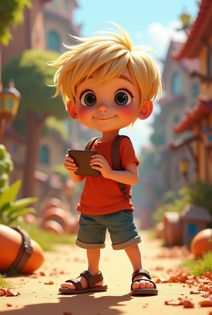 Image of a  blond child, Straight blonde hair, low cut on the forehead, black eyes for a story in a YouTube video in Pixar format, He's the little alabester, He is extroverted, Playful and stands up for many things,He likes sandals and shorts and is messy when playing on his bike.