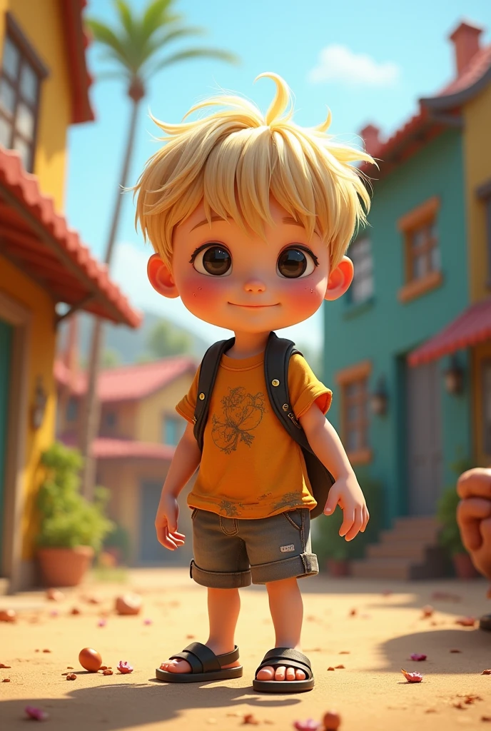 Image of a blond child, Straight blonde hair, low cut on the forehead, black eyes for a story in a YouTube video in Pixar format, He's the little alabester, He is extroverted, Playful and stands up for many things,He likes sandals and shorts and is messy when playing on his bike.