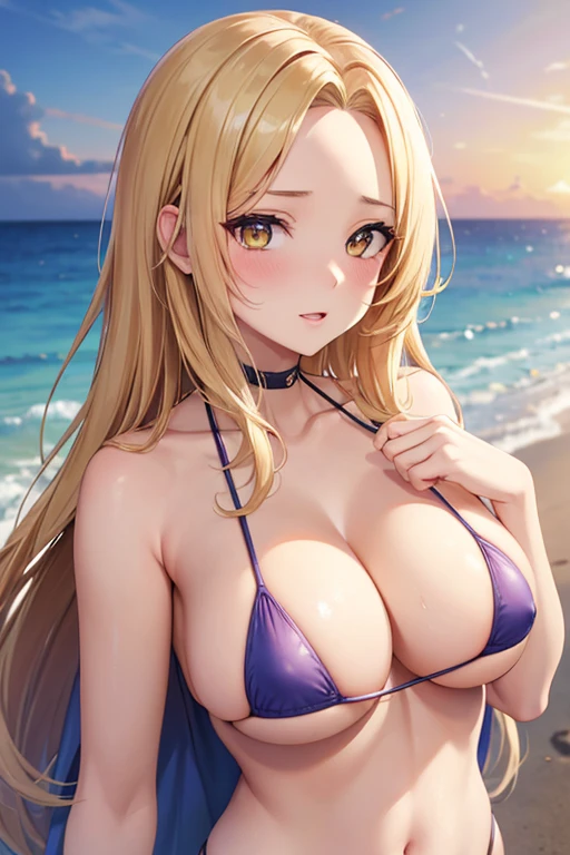 One Woman, Highest quality, masterpiece, Super Resolution, super high quality, Large Breasts, Idol, Beauty, ((From the front 1.2)), Cleavage, 8k, High resolution eyes, High-resolution contours, Stylish, High-resolution pupils, blush,  High resolution face, ((High resolution breasts 1.3)), Ultra HD, Open your mouth, Upper Body, High resolution mouth, Sexy body, ((Cool face 1.2)), ((Hanging 1.2)), Broken bangs, Yellow Eyes, model, Beautiful clavicle, High resolution hair, super beautiful, Charm, Alluring, Blonde, Textured skin, ((Textured Breast 1.5)), Underboob, Sideboob, Beach, sunset, ((Shapely breasts 1.7)), Big Breasts, anime, Beautiful face, Beautiful Face, moderate lighting, Ample breasts, ((Micro Bikini 1.6)), Mature Woman, Married Woman, Mother, Adult women, ((Forehead visible 1.5)), 
