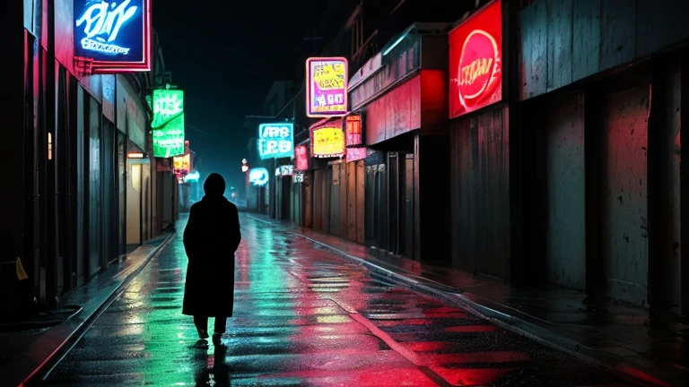 A solitary figure walking through a bustling neon-lit street at night. The scene is filled with vibrant, colorful neon signs reflecting off the wet pavement. The person is seen from behind, wearing a long coat, creating a silhouette against the glowing lights. The atmosphere is moody and mysterious, with tall buildings covered in bright advertisements. The street is alive with the energy of the city, yet the solitary figure conveys a sense of isolation.