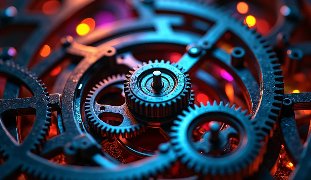 So many beautiful gears and beautiful pinions., close-ups of gears, dynamic camera work, Inside a machine, Beautiful metallic light reflections., Colorful LED growing from the inside, Focus on the pinions and gear system, Black machine oil reflecting lights
