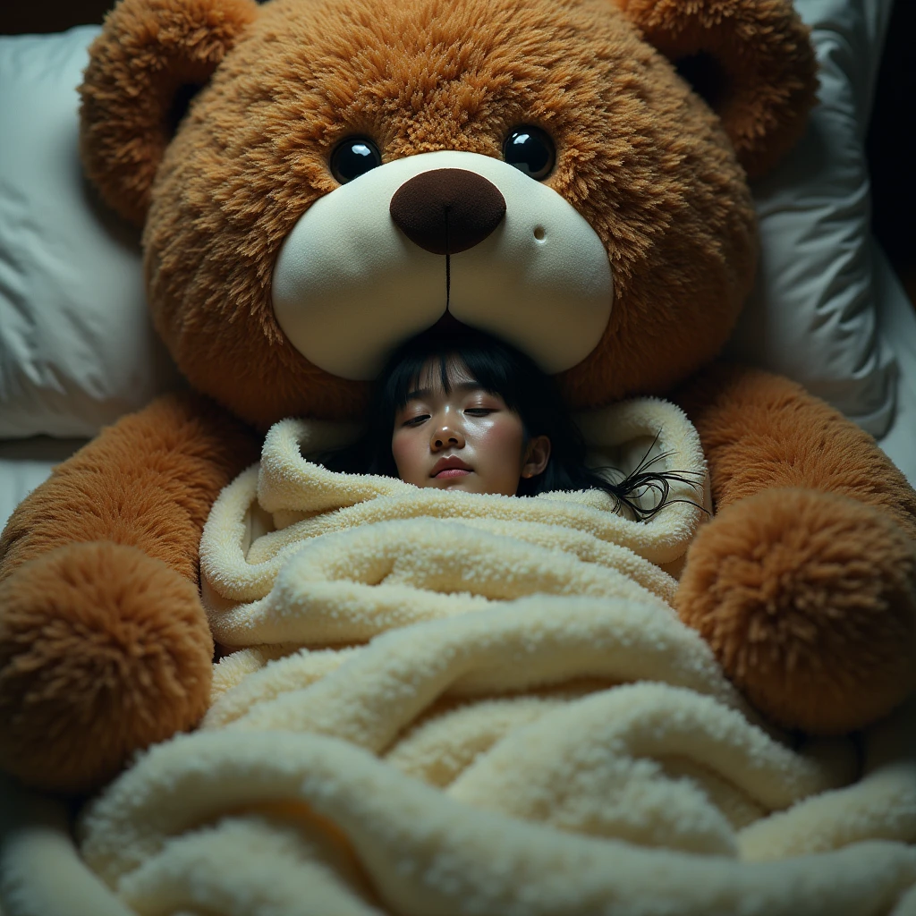 A 2 beautiful Asian woman is bound and gagged in a huge plush sleepbag, the sleep bag is cover her whole body. The sleepbag is inside the mouth of a huge brown teddy bear plush, the plush is large occupying most of the picture, the woman appears to be relaxed. The teddy bear is appearntly attempting to eat the woman in her sleep bag we can see the entire plushie's body