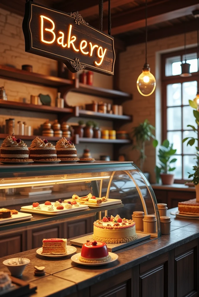 "Create a detailed image of a cozy bakery shop interior with a large sign that reads " Bakery shop ". Include a display case featuring a variety of cakes, including a decorated photo cake with a custom image on it. The setting should be inviting, with warm lighting and a charming, rustic design."
