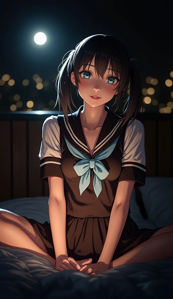 (32K:1.9, Realistic:1.9, Highest quality, masterpiece, Ultra-high resolution), Perfect dynamic composition:1.3, Highly detailed skin and facial textures:1.3, (Cute sexy slim Japanese girl, height: 155cm), ((Lying in bed, Eyes closed and waiting for a kiss:1.4)), Fair skin, ((Clarity:1.1)), (The woman is wearing a uniform with a light blue bow tie., Ponytailed black hair:1.3, smile:0.9, A man completely charms a woman:0.9, beautiful Blue Eyes, beautiful, Clear Eyes:0.8), Sexy Face:0.4, blush:1.1, ((beautifulエロティシズムを醸し出す雰囲気:1.0, Professional random camera work:1.0, Cinematic Lighting Effects:1.0, romantic:1.0, artistic:1.0, mysterious:1.0)), Too erotic, Object of admiration, original, dramatic, Innovative, charm, Heartful, Fancy, Tilt, sense of loss, special, exciting, Extreme, sense of openness, joy, joyの表現, ((若さのcharm, 女性的なcharm))