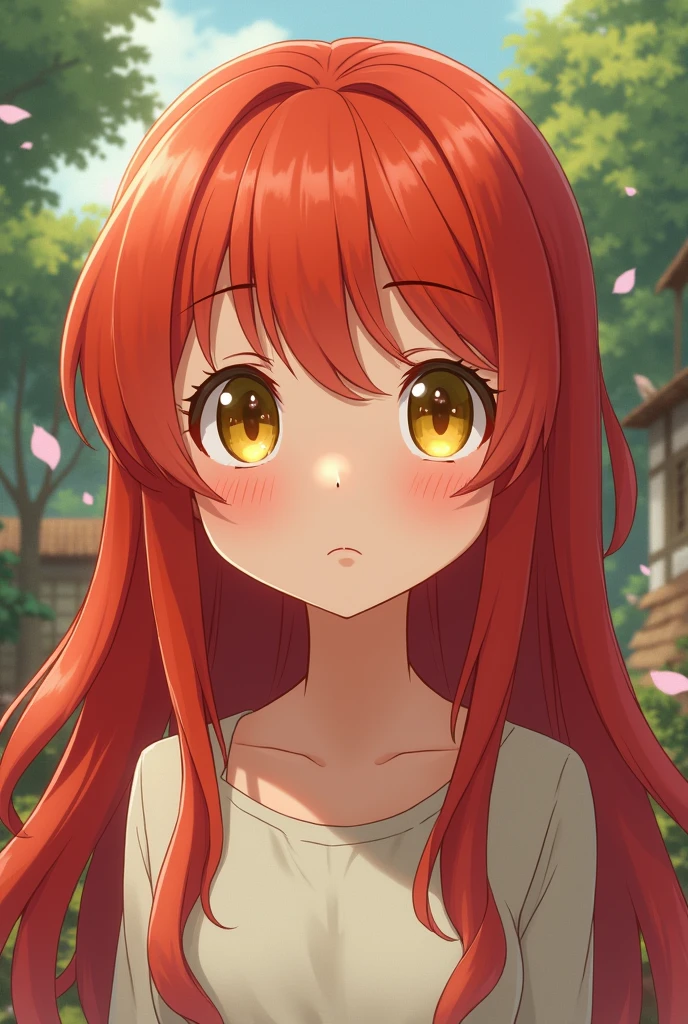 Make a Ghibli studio style girl with red hair and yellow eyes