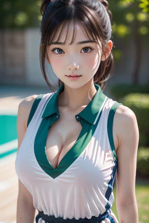 (One Girl), Very cute face, Great face and eyes, (Highly detailed eyes, Highly detailed face), Fresh, Very beautiful appearance, (Ultra-realistic, High resolution), (Highest quality:1.4), RAW Photos, (Realistic, Realistic:1.37), Professional photography , (Wet, see-through light green basketball uniform ) , (Cleavage:1.2), (Exposing shouldersさせる), Laugh a little, (look at me), Bedroom, Portrait of a Girl , (Huge breasts) , Exposing shoulders , , Jump Shots , (Erect nipples:0.95) , (ponytail) , (The uniform is clinging to her body, revealing her nipples:0.98)
