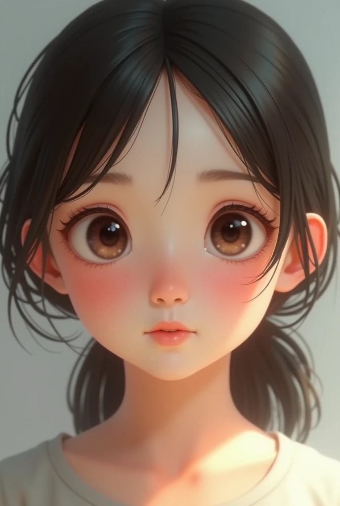 Round but kinda oval face, almond but sometimes round eyes, small straight nose, full lips, .....girl