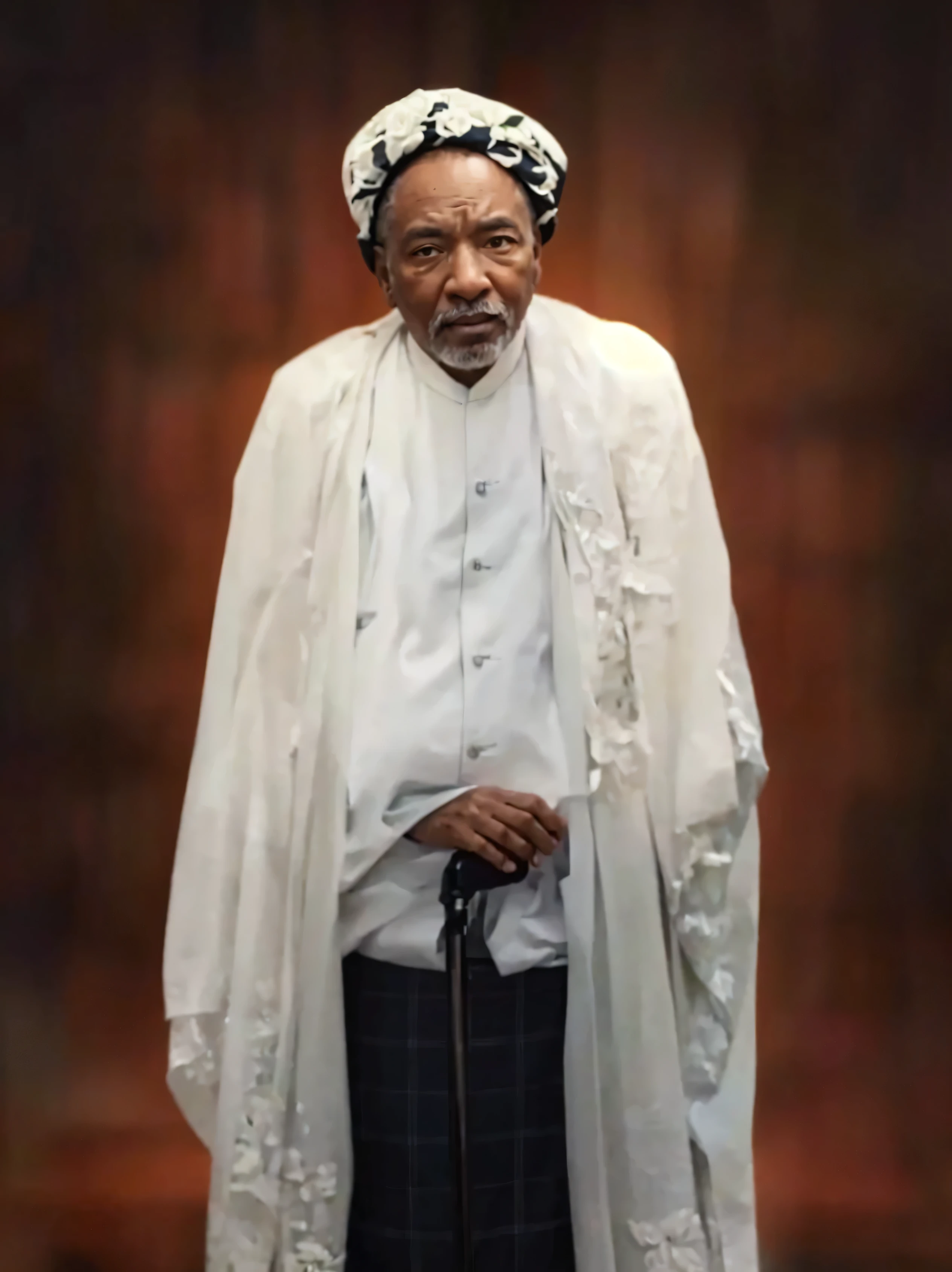 Make this photo look ultra realistic and detailed, arafed man in white robe and hat with cane standing in front of a brown background, adebanji alade, portrait n - 9, inspired by Abdur Rahman Chughtai, close portrait, ceremonial portrait, full body photograph, full protrait, portrait picture, full length portrait, very detailed potrait, realistic portrait photo, profile portrait, very detailed face, very realistic face, very perfected face, very detailed clothes, very realistic clothes, very perfected clothes.