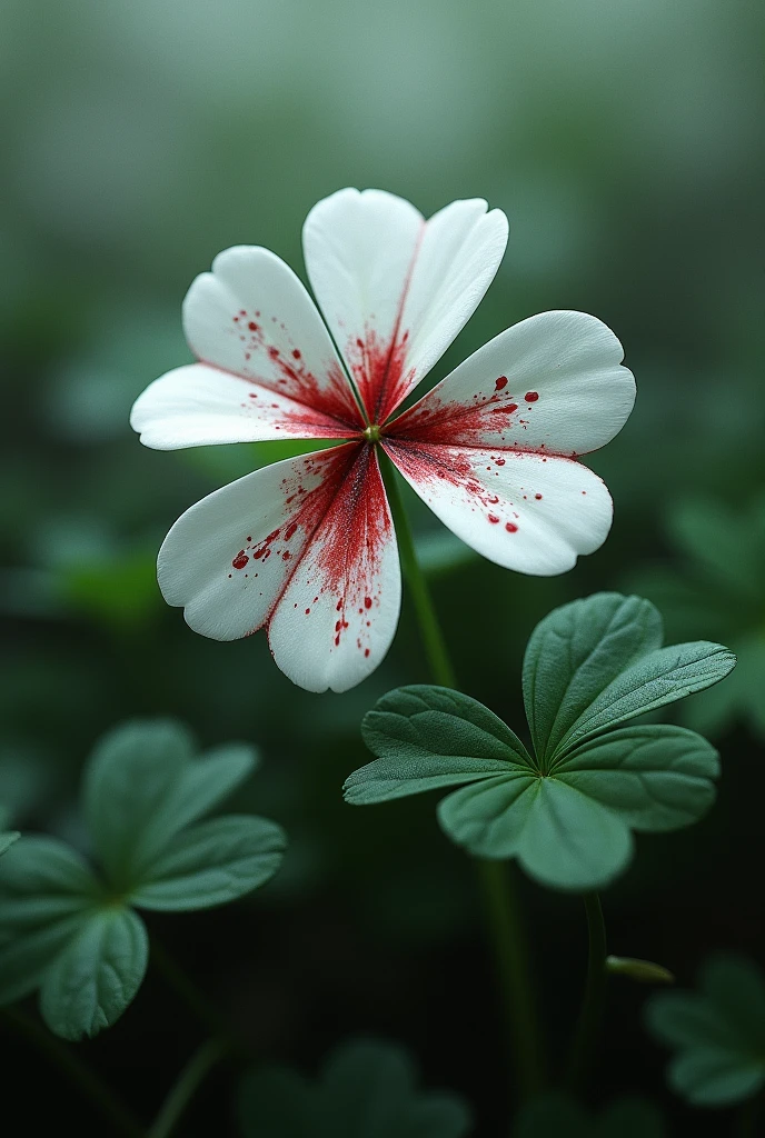 A white three-leaf clover with red blood stains