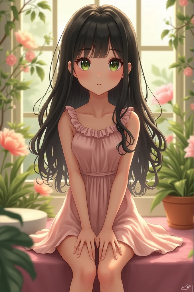 A girl, of short stature, with long black hair down to her back, green eyes, a cute dress, small breasts, medium rear, and good thighs
