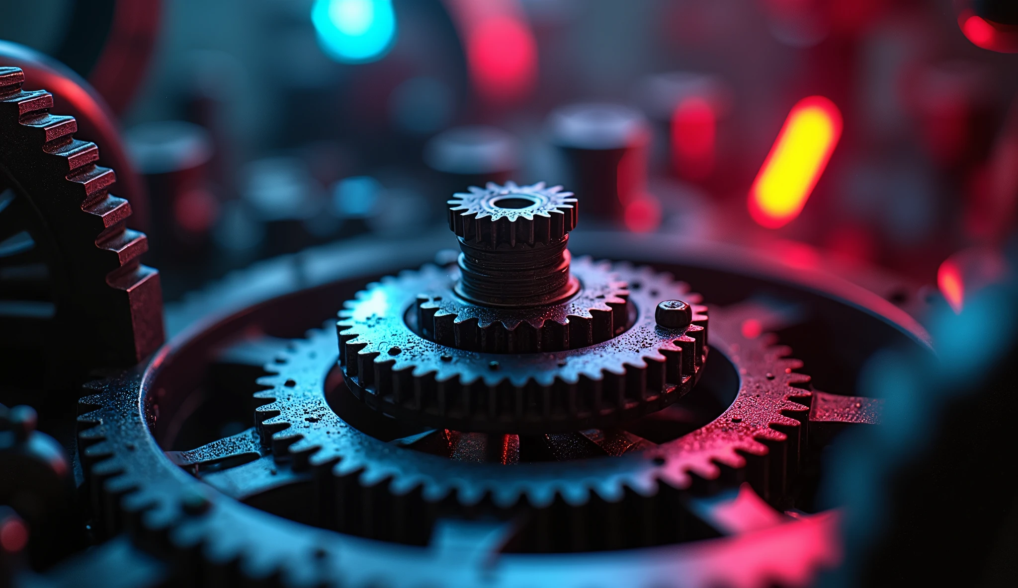 So many beautiful gears and beautiful pinions., close-ups of gears, dynamic camera work, Inside a machine, Beautiful metallic light reflections., Colorful LED growing from the inside, Focus on the pinions and gear system, Black machine oil reflecting lights