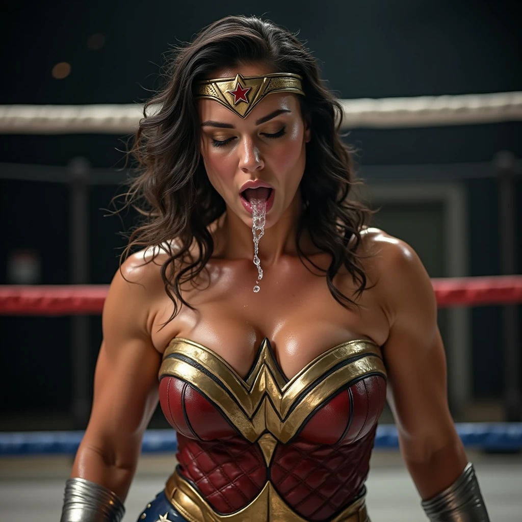 (sweaty)(muscular)A very sweaty Wonder Woman is vomiting in the ring, she spits out lot of visible saliva repeatedly. Lot and Lot of visible saliva continously dropping from her mouth to the floor. There is lot of sweat on her muscular body. She's coughing and breathing hard.