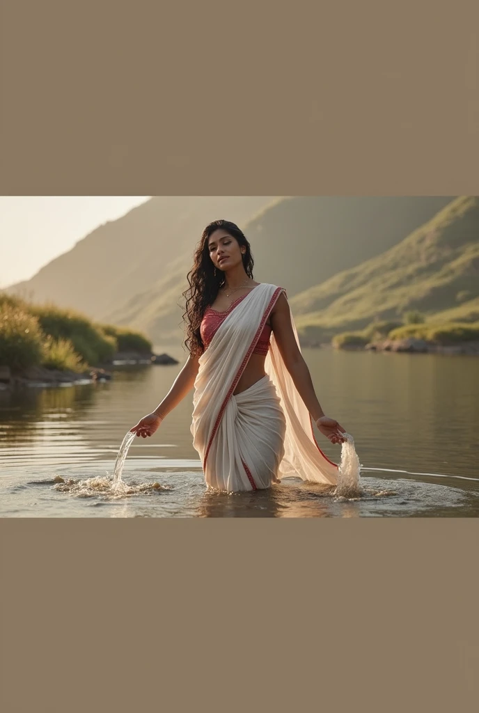 Photorealistic Image of Beautiful naked Indian woman wearing a white saree, taking bath in river Photorealistic image of a beautiful Indian woman with sun-kissed skin and long, black hair tied in a loose bun. She wears a simple wet elegant cotton white transparent saree whitered border. Her clearly visible. woman stands knee-deep in the clear, flowing water of a river, gently scooping water with a brass pot and pouring it over her head. Her eyes are closed in serenity, and a peaceful smile rests on her lips. Background: Lush green hills bordering the river, with the rising sun casting a warm glow on the scene. Camera: Medium shot, 50mm lens, slightly off-center view. Render: High resolution, detailed, natural light, soft focus on background. Big , thick, georgeous, hot