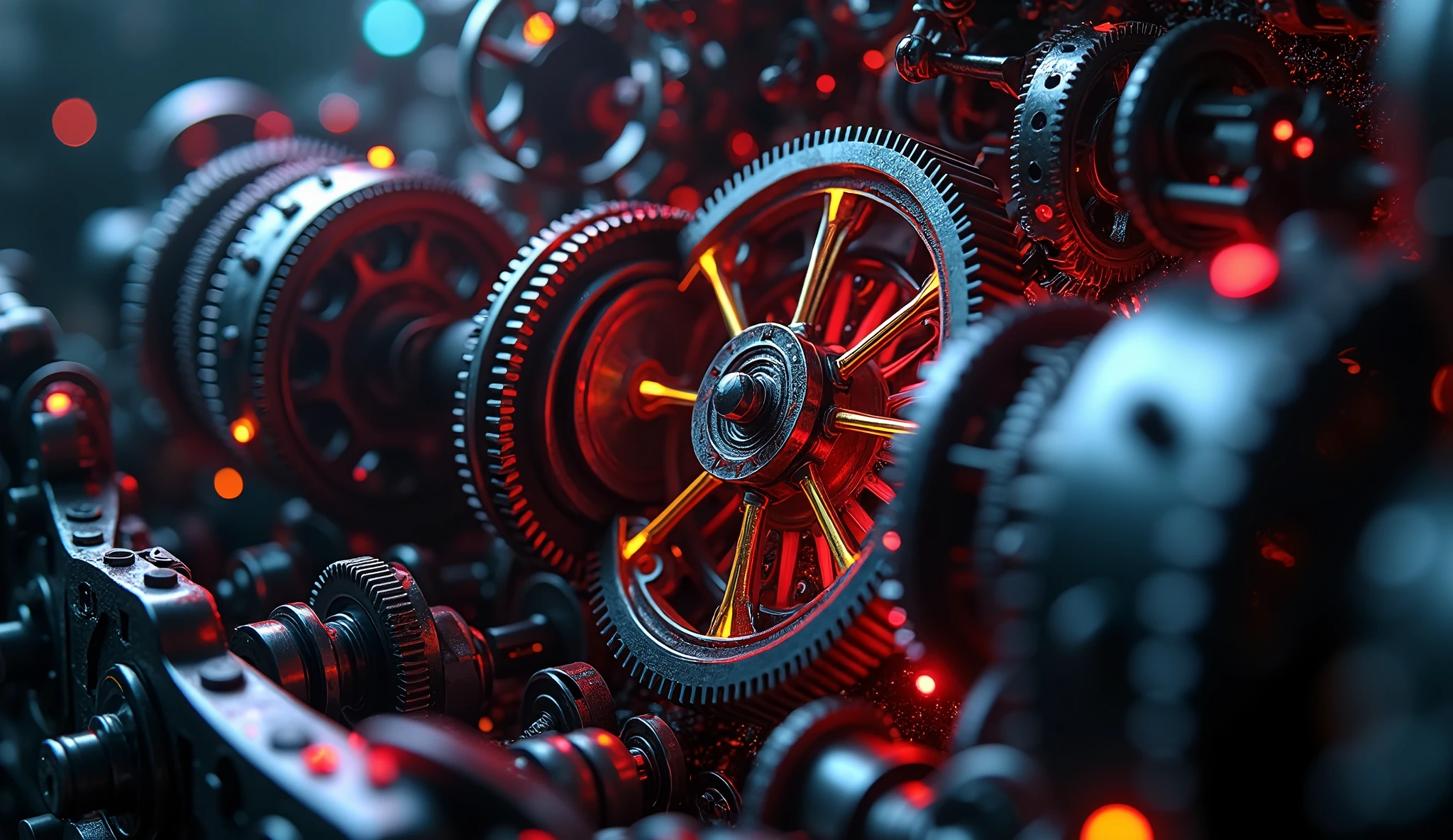So many beautiful gears and beautiful pinions., close-ups of gears, dynamic camera work, Inside a machine, Beautiful metallic light reflections., Colorful LED growing from the inside, Focus on the pinions and gear system, Black machine oil reflecting lights