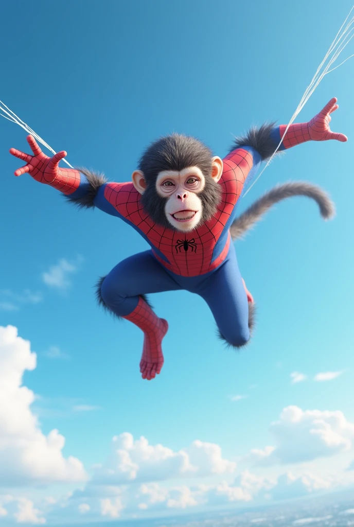 A monkey in a spiderman suit is flying in the sky