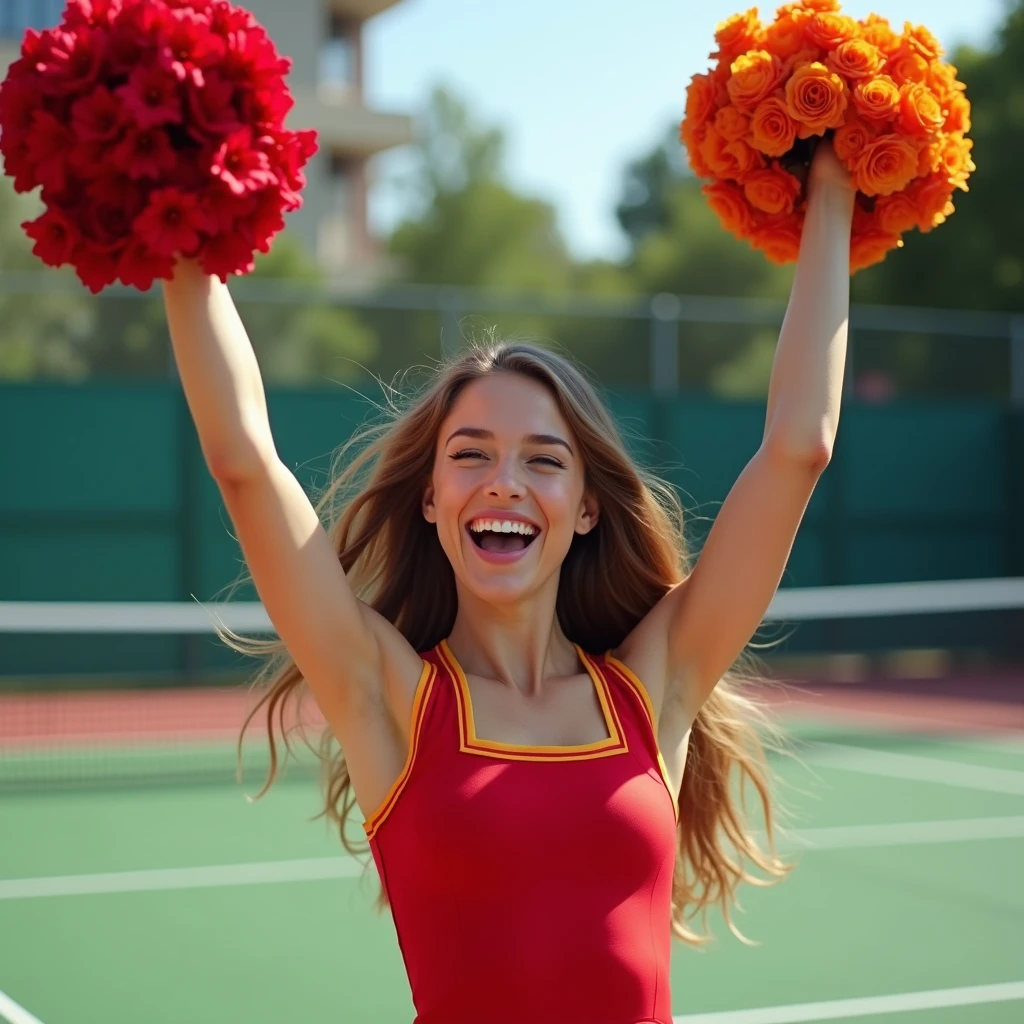 A beautiful girl is cheer leader, t shirt red, looking viewer, facing the viewer, excitement on the face, hand lifting cheerleading flower, back ground at tennis. realictics, You should not describe the chest and genital areas, full body image