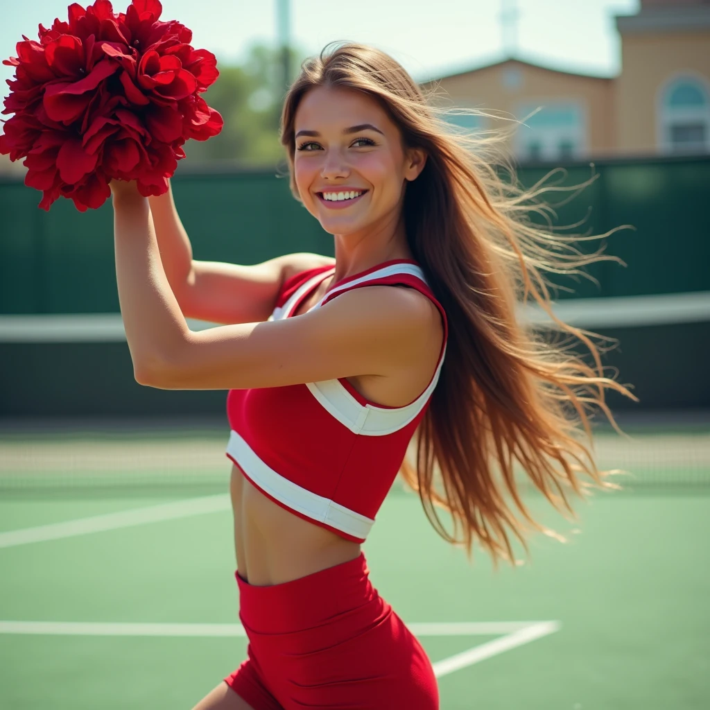 A beautiful girl is cheer leader, t shirt red, looking viewer, facing the viewer, excitement on the face, hand lifting cheerleading flower, back ground at tennis. realictics, You should not describe the chest and genital areas, full body image