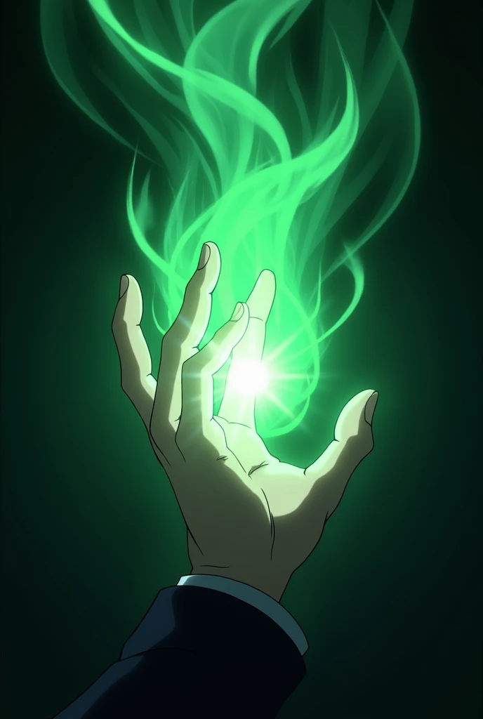 Anime Hand of a White Adult Man Releasing Neon Rays from His Fingers. With a black background with neon green rays.