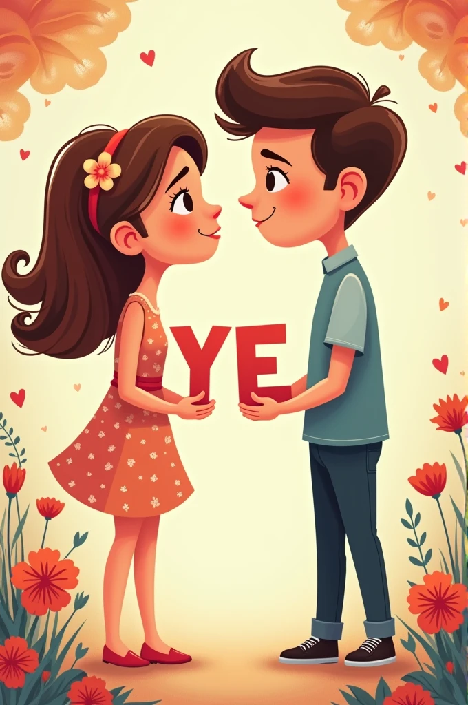 Create a cartoon of two lovers, she holding the letter Y and he holding the letter E.